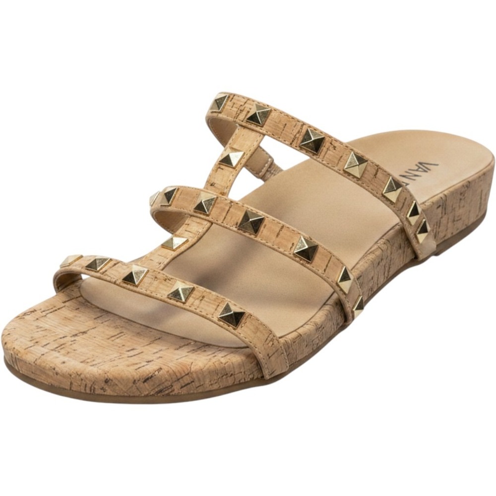 Vaneli Cork Studded Slide Sandals Gold Pyramid Stud Multi Strap Wedge Tan 7.5M